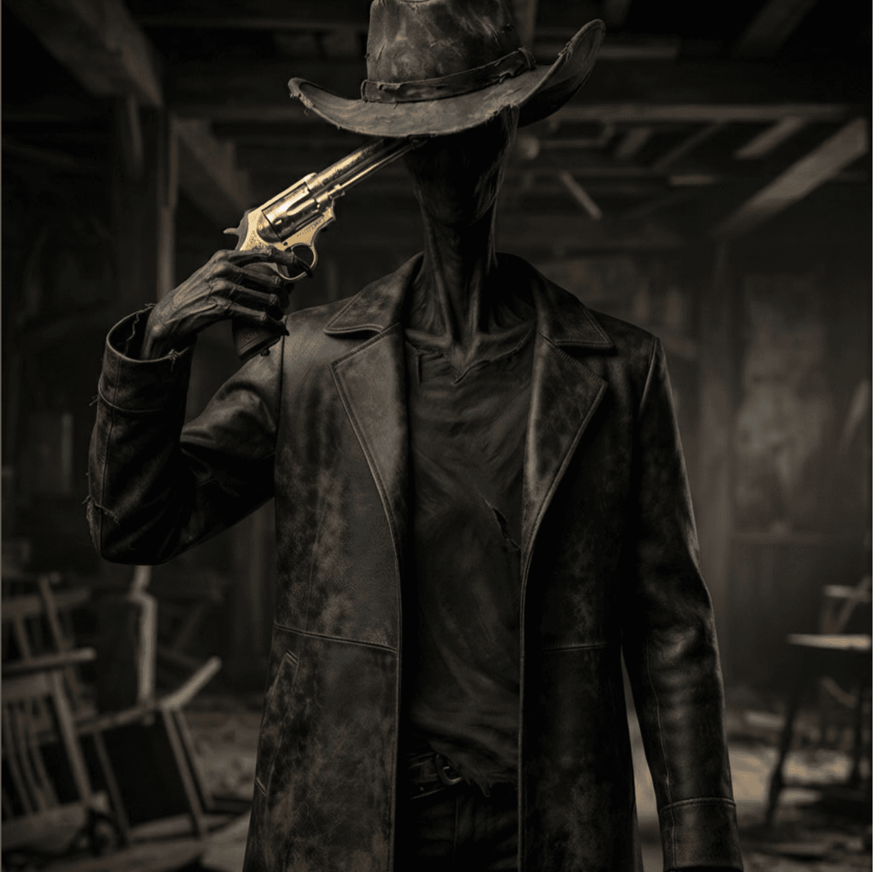 A faceless gunslinger character wearing a dark coat and hat