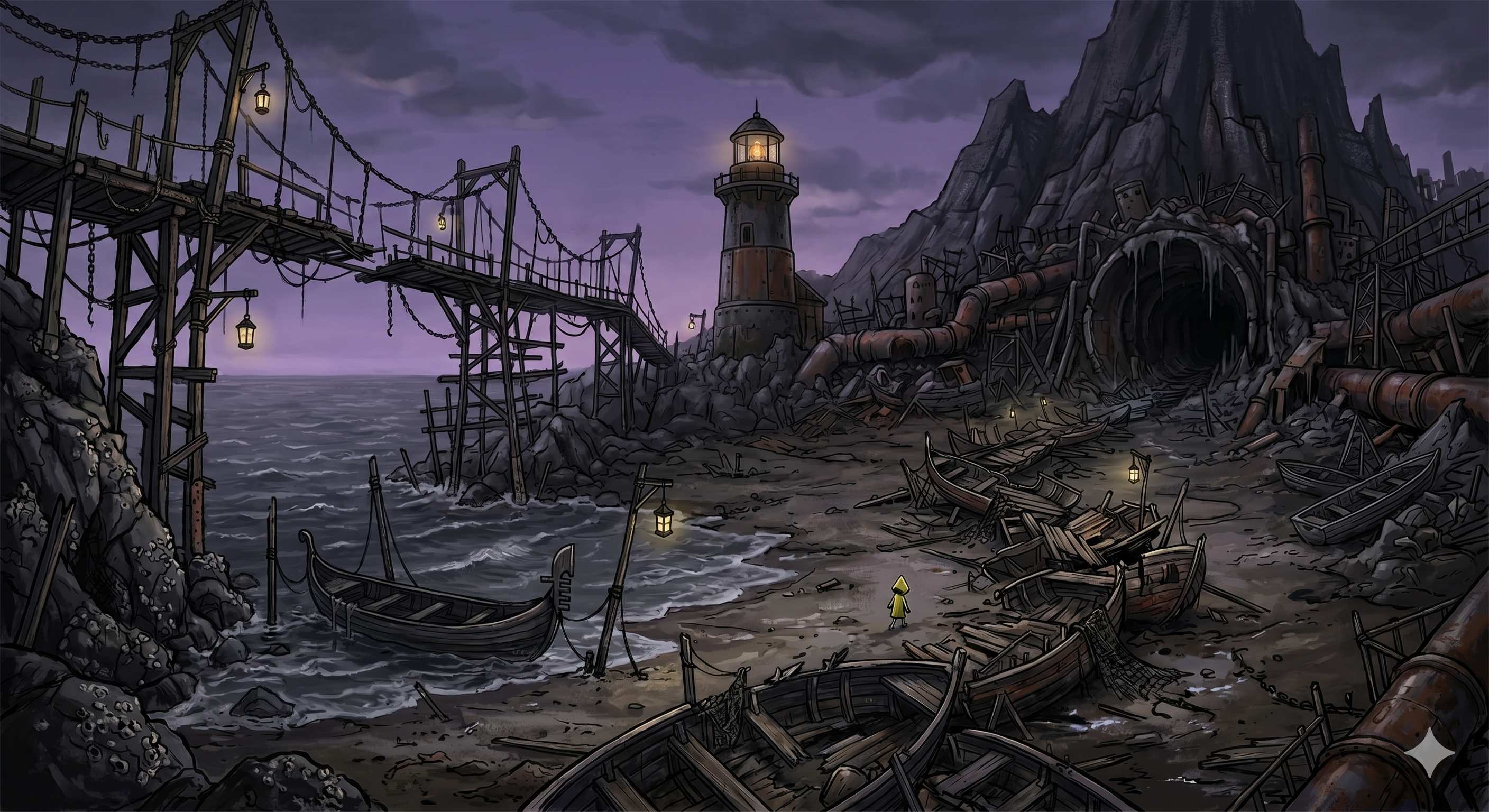 A ruined harbor and lighthouse from the Italian Nightmares universe
